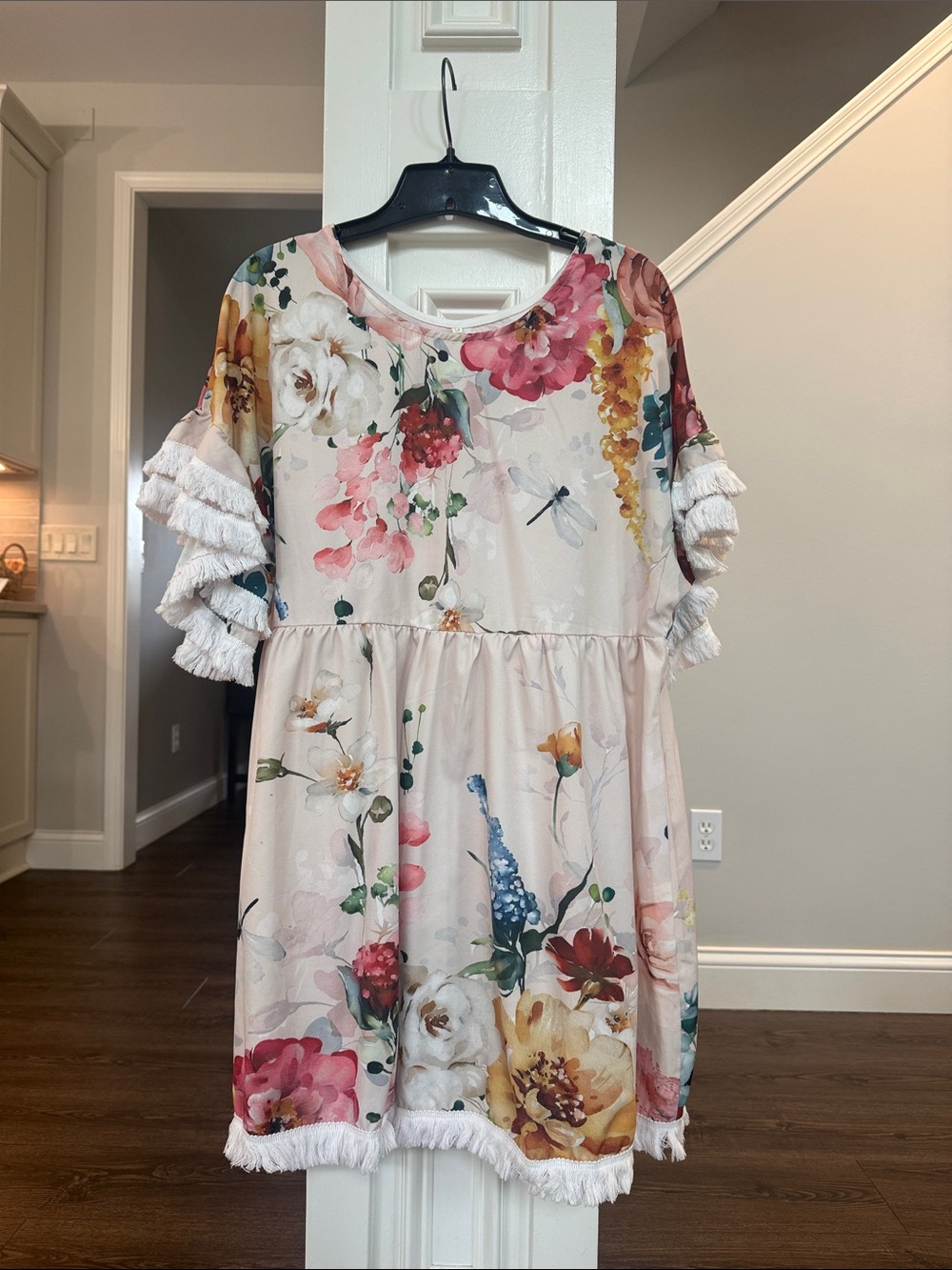 Bright Bold Floral Midi Flowy Dress with Fringe Like New M - Picture 2 of 7